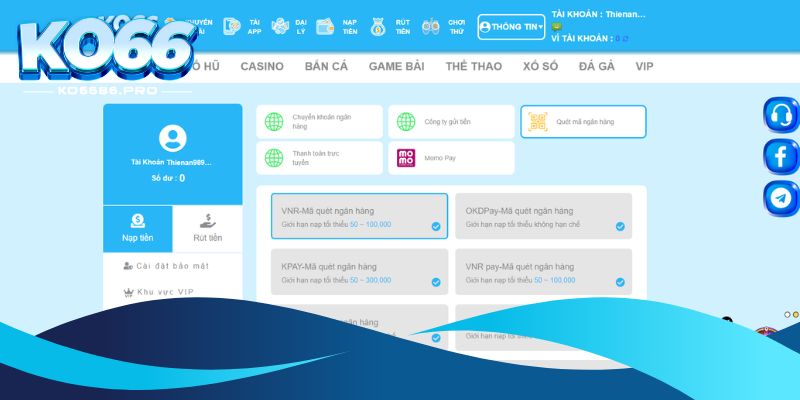 Nạp tiền KO66 qua quét mã QR